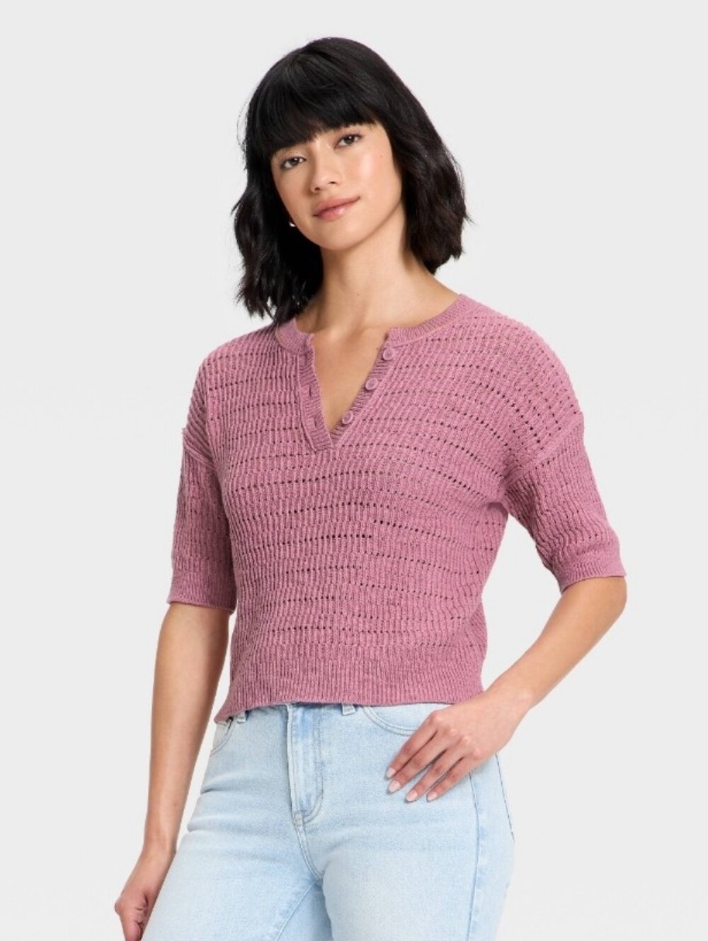 Universal Thread Dusty Mauve Short-Sleeve Henley Knit Sweater